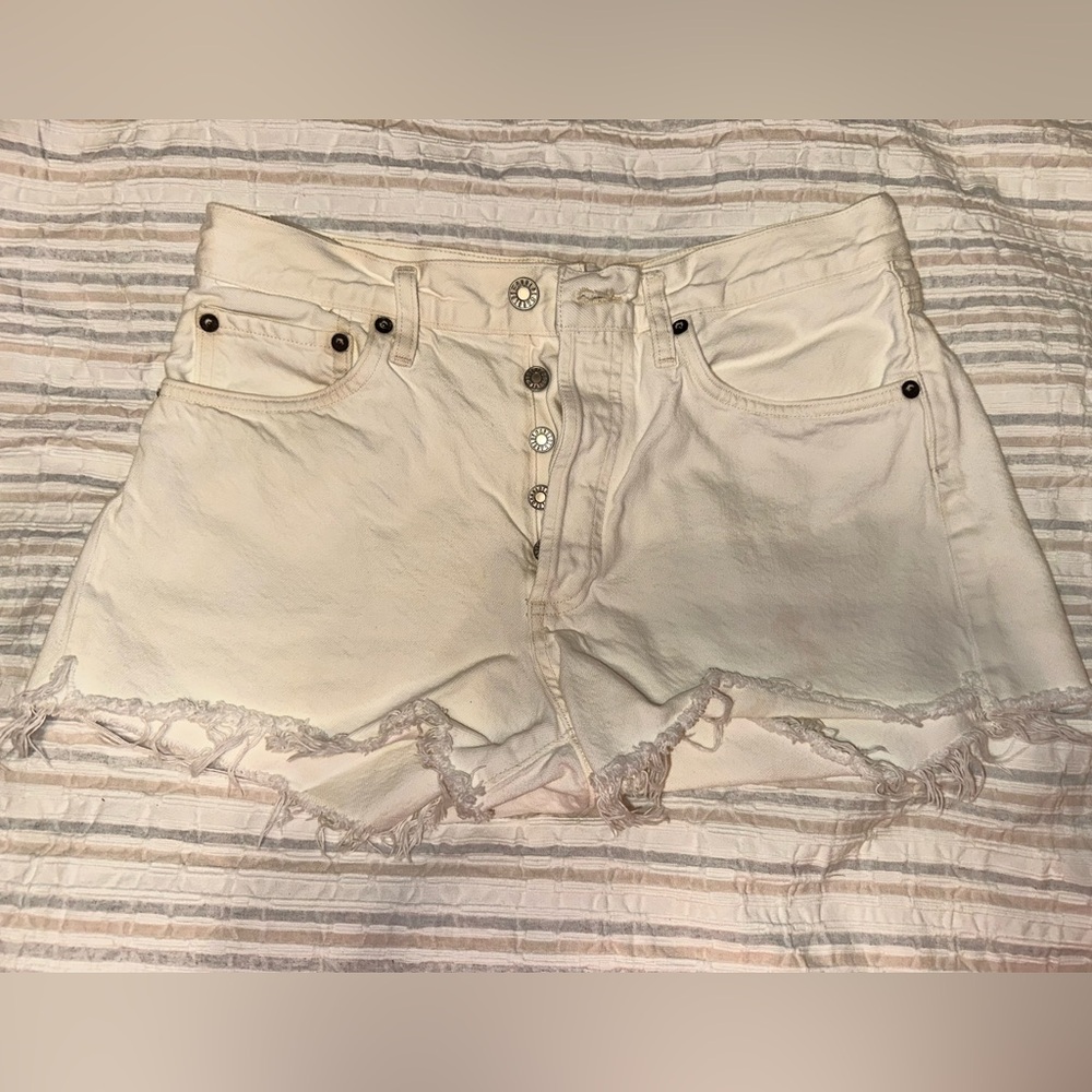 AGOLDE Cut Off Denim Shorts White Frayed Hem Button Pockets Size 27